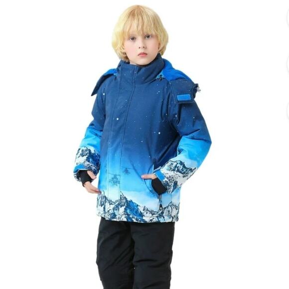 Boys Blue Winter Snow Ski Jacket Size 8 Unisex Hooded Waterproof Outdoor Coat - Picture 1 of 11